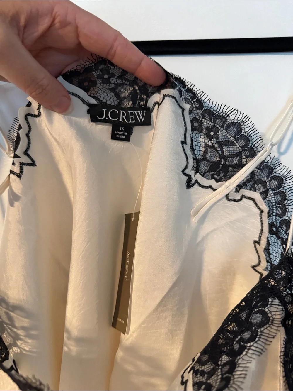 J. Crew Ivory Satin Cami with Black Lace Trim
